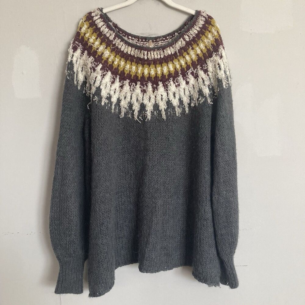Free People Baltic Sweater Fair Isle MEDIUM Gray Full Sleeve Wool Blend